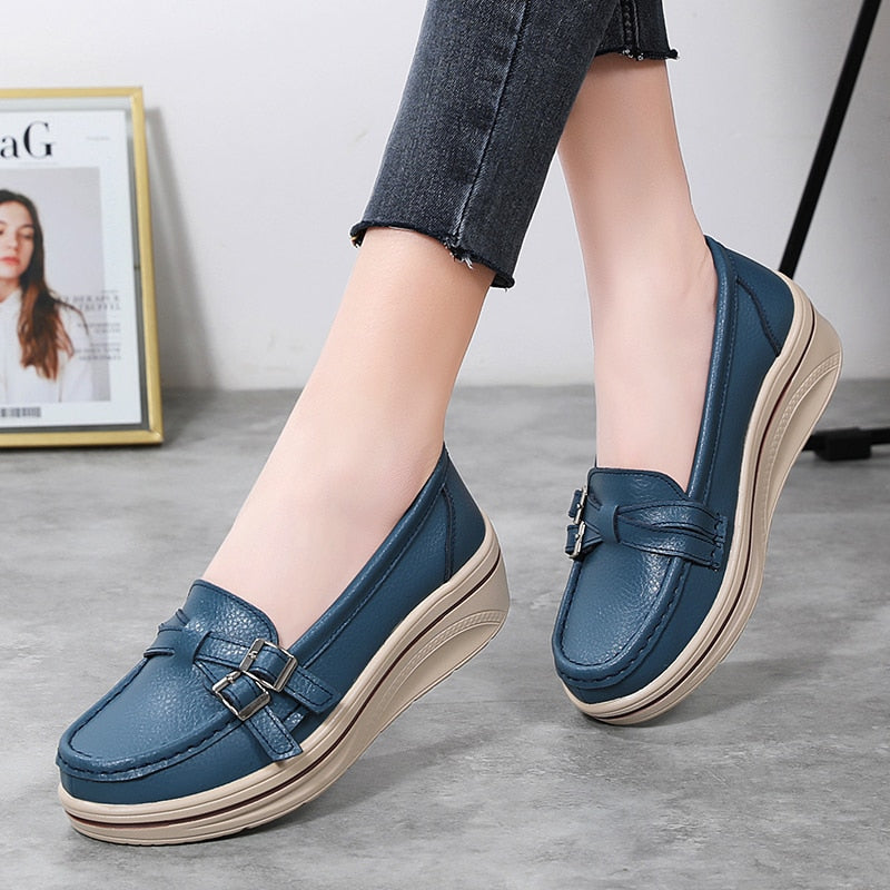 Spring Autumn Women Flats Platform Loafers Ladies Leather Comfort Wedge Moccasins Orthopedic Slip On Casual Shoes 35-42