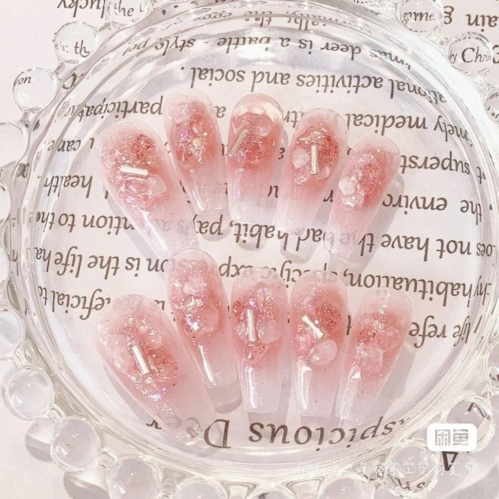 Pink Transparent Wear Nail Strawberry Crystal Nail Sweet Pink Fake Nails Nail Patch Handmade Nails