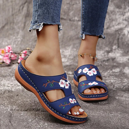 Ddbos Women Slippers Embroider Flowers Leather Woman Sandals Outdoor Light Casual Wedges Slippers Slip on Summer Shoes for Women