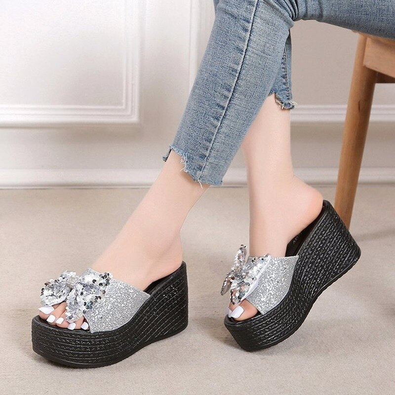 Plus Size Slippers Women Fashion Sequin Bow High Heel Sandals Women Sexy Platform Shoes Women Outdoor Casual Slippers Women