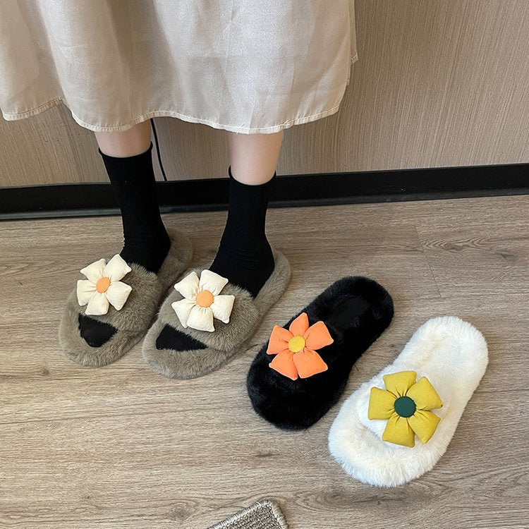 Ddbos Flower Plush Slippers Women Wear Autumn and Winter New Home Plus Size One Word Slippers Cute Cotton Shoes Zapatillas Planas