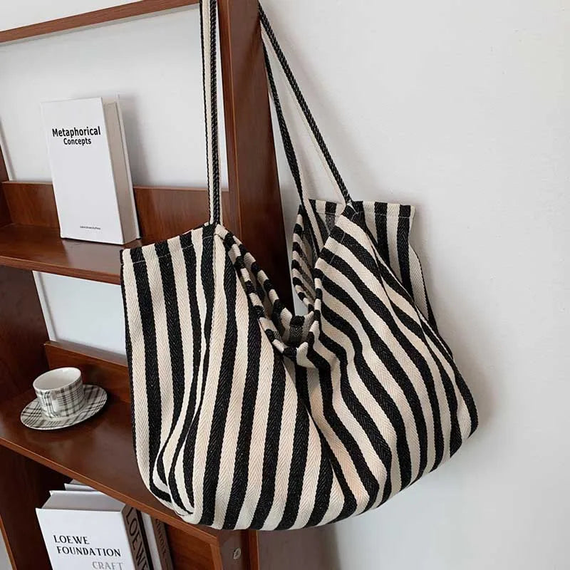 Women's Tote Bag Striped Canvas Casual Handbags For Women Simple Shopping Large Capacity Woman Shopper School Shoulder Bag