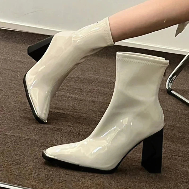 Ddbos Fashion Women Thick High Heel Ankle Boots Solid Patent Leather Office Pumps 2024 Autumn Mujer Square Toe Short Boots