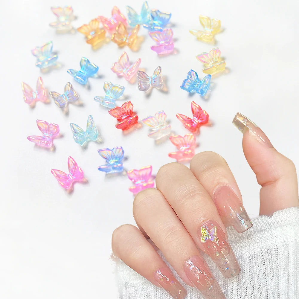 100Pcs 6mm Aurora Butterfly Nail Charms Multi-Colors 3D Butterfly Nail Art Decals Rhinestones For Manicure Nail Art Accessories