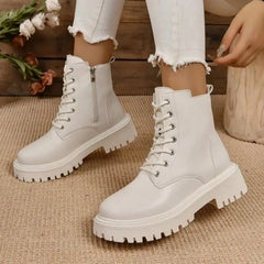 Ddbos Thick Warm Long Plush Ankle Boots for Women Winter Lace Up Pu Leather Motorcycle Boots Woman Plus Size Short Booties Shoes