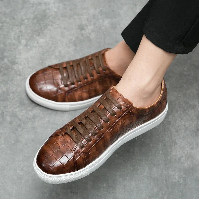 Ddbos New Brown Men Sneakers Lace-up Solid PU Leather Black White Platform Shoes Men's Vulcanize Shoes  Size 38-46