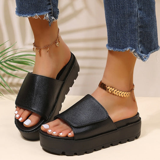 PU Leather Platform Slippers Women Plus Size 43 Thick Soled Sandals Woman Summer Non-slip Slides Shoes Female