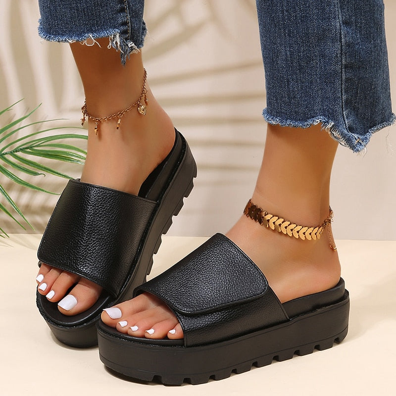 Ddbos Black PU Leather Platform Slippers Women Plus Size 43 Thick Soled Sandals Woman Summer Non-slip Slides Shoes Female