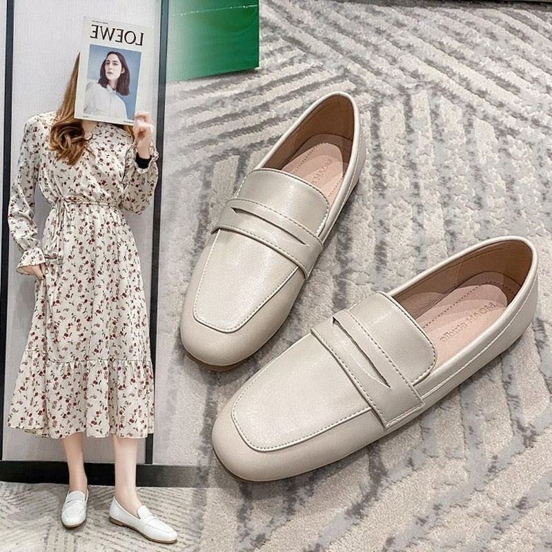 Ddbos Ladies Flat Loafers Fashion Shallow Bean Shoes Women's Shoes Spring and Autumn New PU Set Feet Ladies Comfortable Shoes