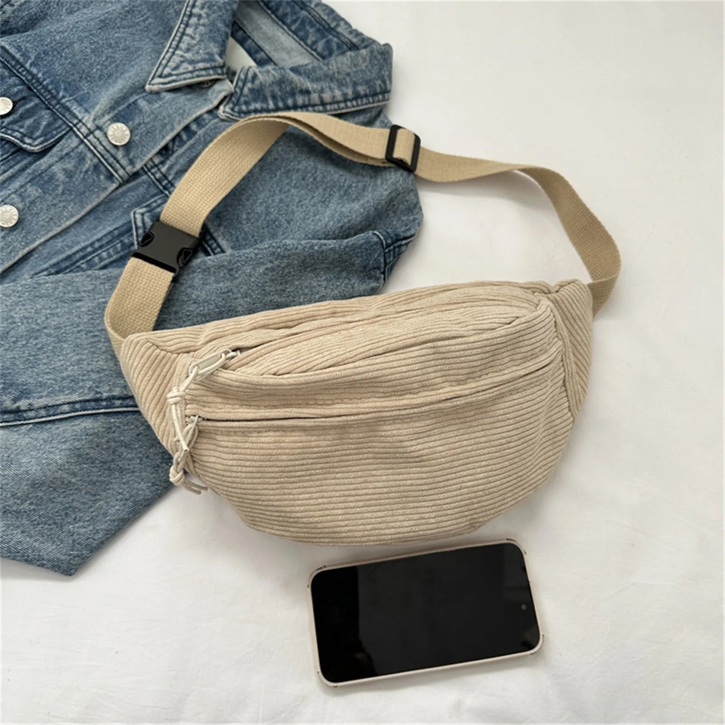 Corduroy Women Waist Packs with Zipper Ladies Shoulder Crossbody Bag Fashion Casual Travel Fanny Pack Female Adjustable Bag