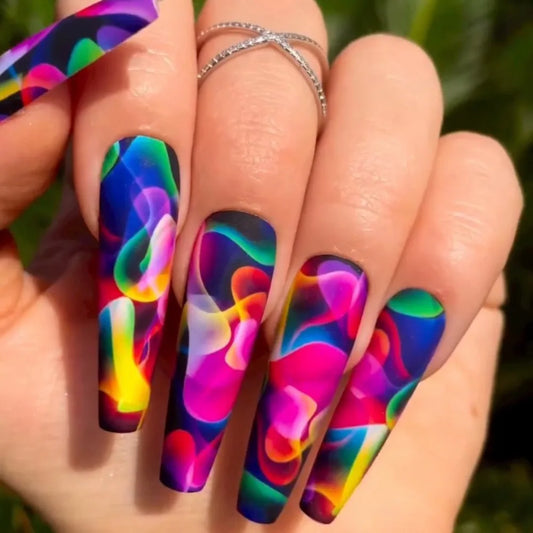 Long Water Pipe Fake Nails French Ballet nails Wave Rainbow Wearable False Nail Full Press on Nails Detachable Nail Tips