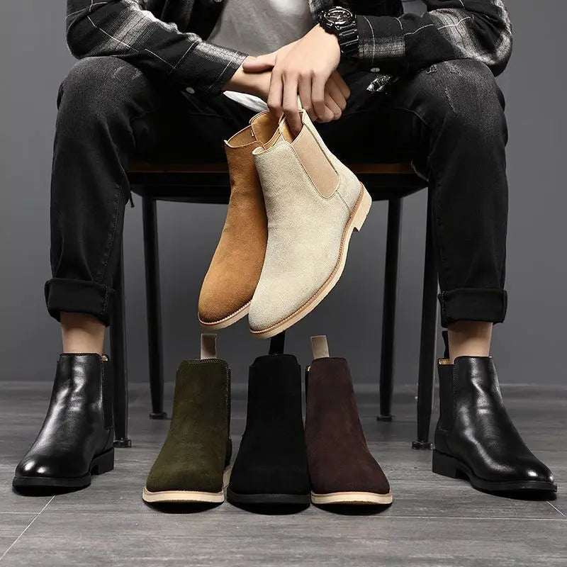 Ddbos Men's Retro Suede Genuine Leather Chelsea Boots Men Fashion Ankle Boot Mens Casual British Style Short Boots High-Top Shoes