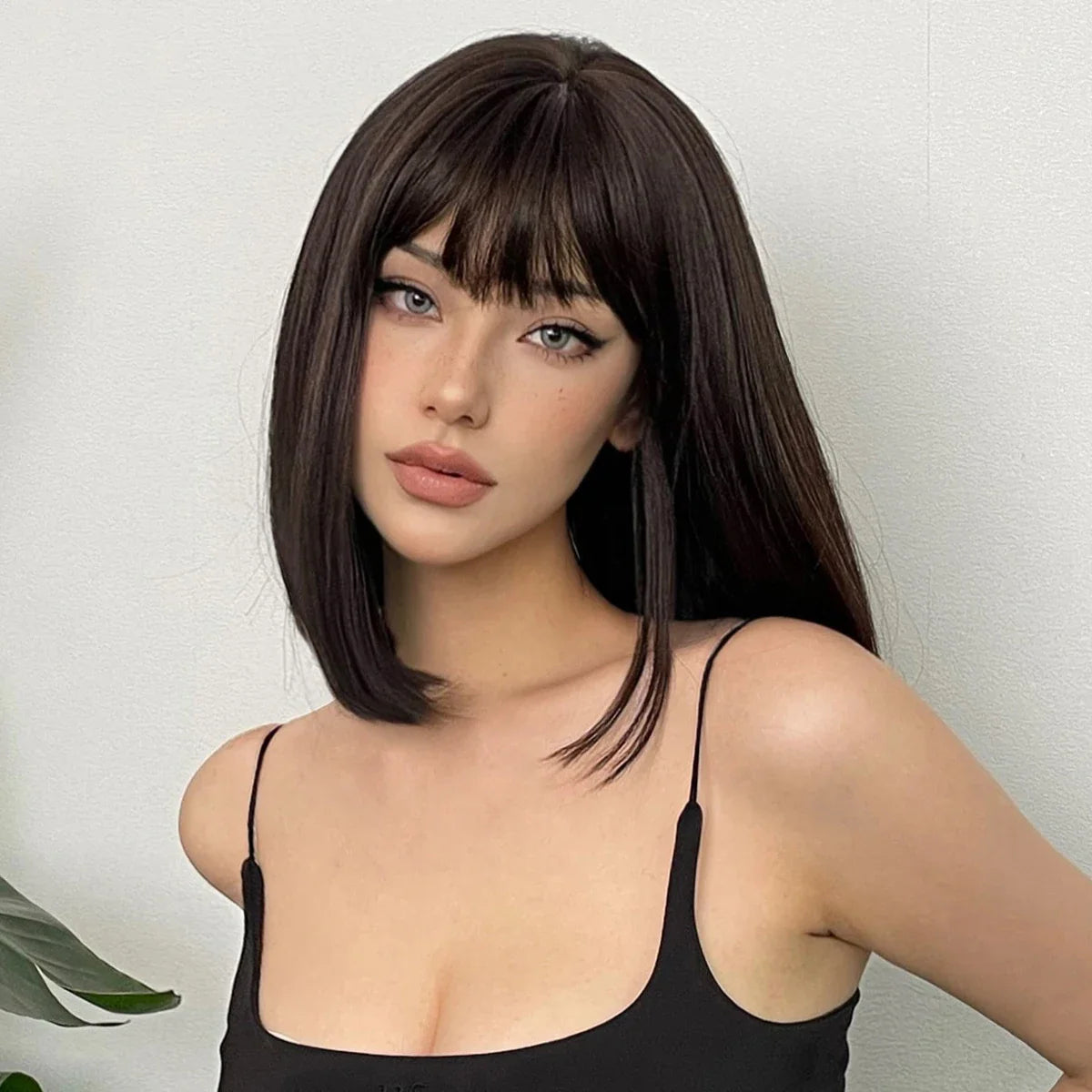 Ddbos Short Black Brown Synthetic Natural Hair Wigs for Women Bob Straight Wig with Bangs High Temperature Daily Cosplay Party Wigs