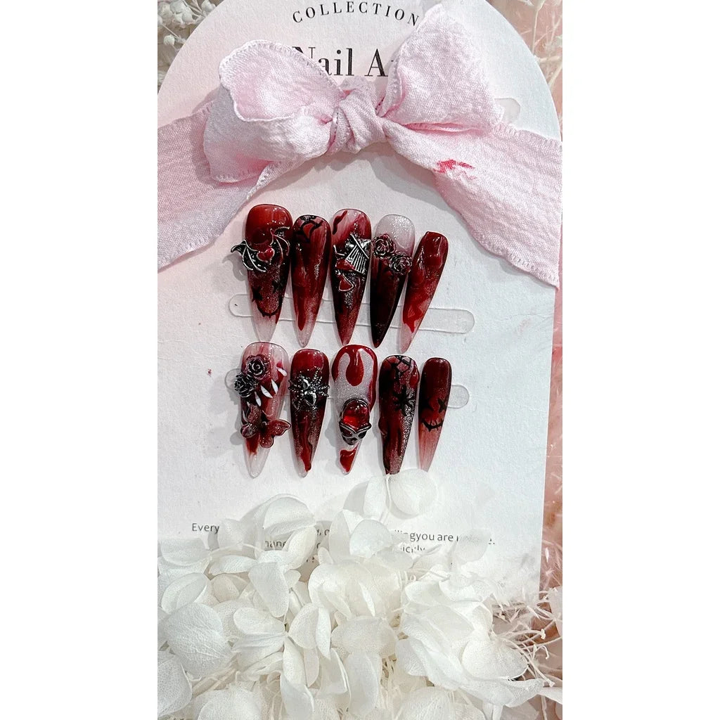 Halloween Event Handmade Wear Nails Flying on A Broomstick Nail Art Patches Blood Sacrifice Removable Fake Nails