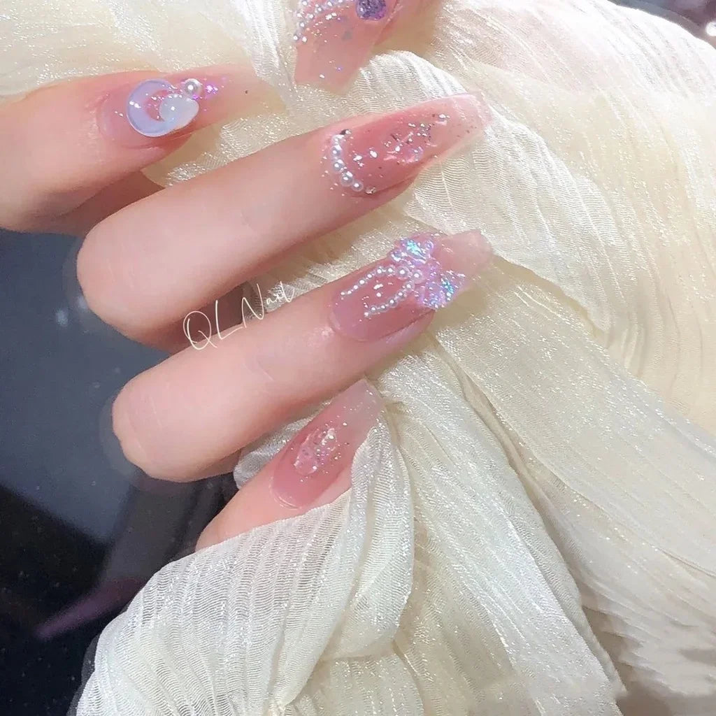 Handmade Nails Sweet Jelly Naked Fairy Fine Glitter Bowknot Nail Art Patches Fake Nails with Glue