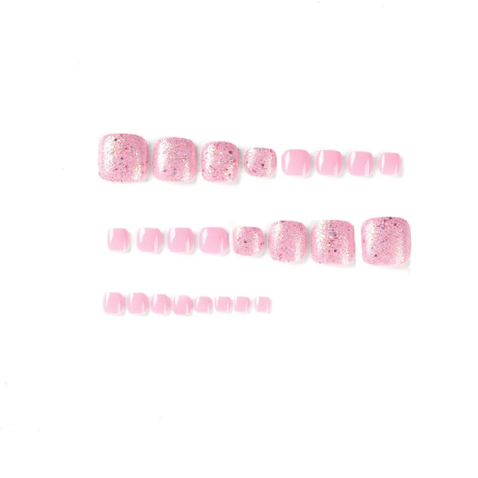 Ddbos 24Pcs/Set Wearable False Nails Gentle Pink Press on Toe Nail Pieces Glitter Fake Toe Nails Short Acrylic Fake Nails Art Finished