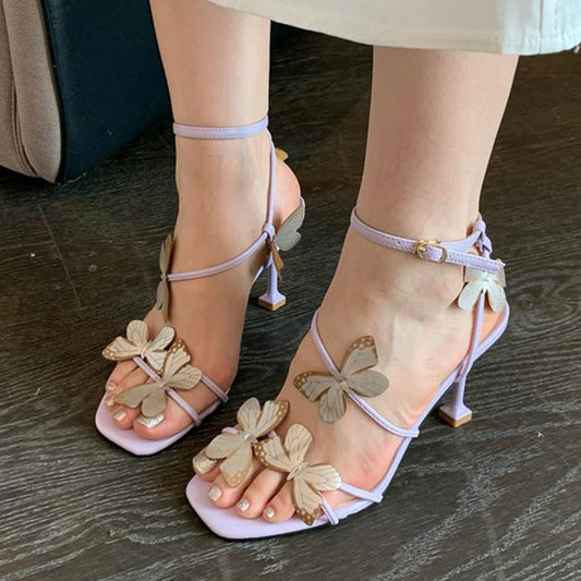 Butterfly Purple High Heeled Sandals Women Summer Casual Square Toe Sandals Woman Thin Heels Ankle Straps Party Shoes