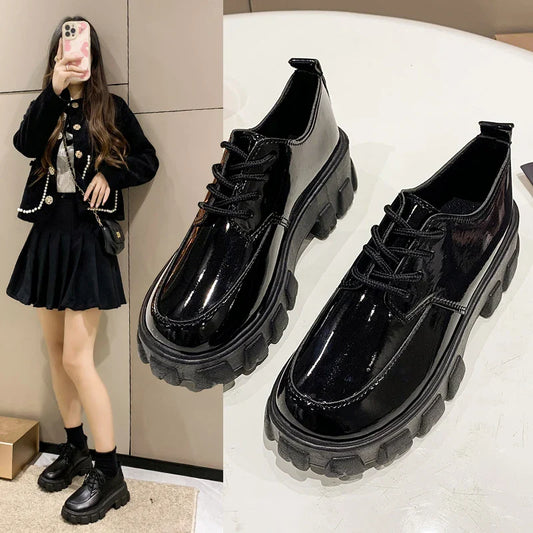 2024 New Spring Casual Women Loafers Leather British Style Thick-soled Women Shoes Lace-up Platform Student Girls Shoes