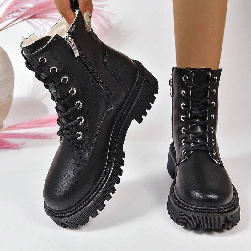 Ddbos Thick Warm Long Plush Ankle Boots for Women Winter Lace Up Pu Leather Motorcycle Boots Woman Plus Size Short Booties Shoes