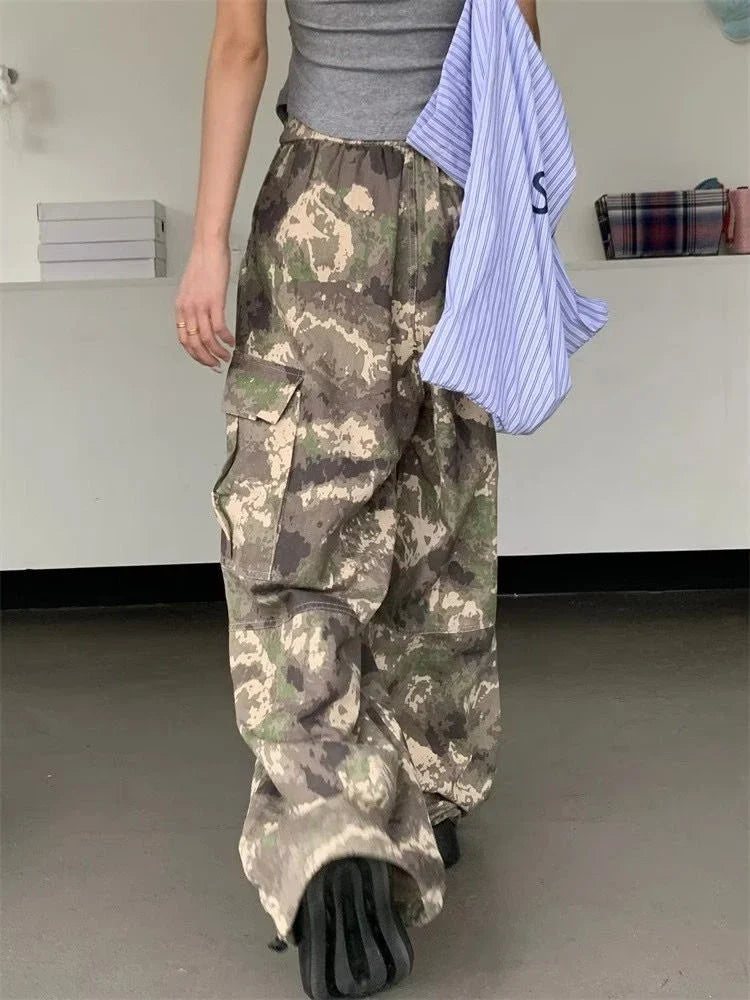 Ddbos Women's Camouflage Pattern Drawstring Design Thin Pants Girl Street Fashion Bottoms Female High Waist Straight Wide-leg Trousers