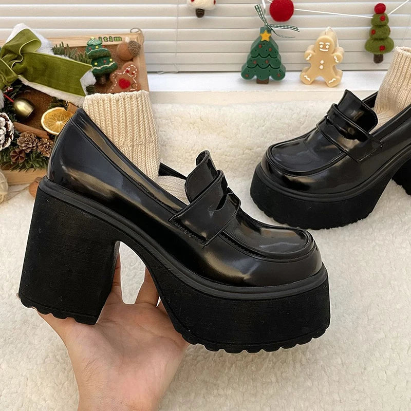 Ddbos Super High Heels Loafers Women Spring Patent Leather Chunky Platform Pumps Woman Slip On Black Jk Uniform Shoes Mary Janes