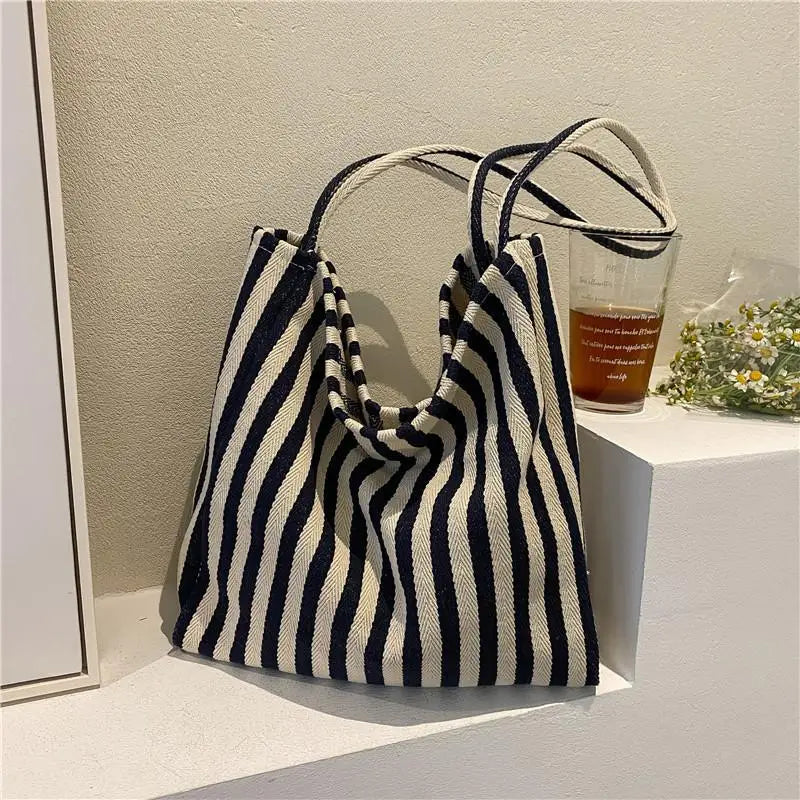 Ddbos BACK TO SCHOOL Korean Version Of Retro Literary Handbag Simple Fresh Striped Shoulder Bag Fashion Large Capacity Shopping Bag