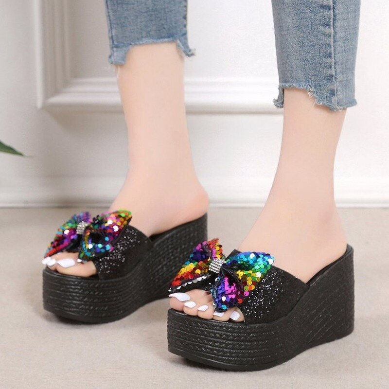 Ddbos Plus Size Slippers Women Fashion Sequin Bow High Heel Sandals Women Sexy Platform Shoes Women Outdoor Casual Slippers Women