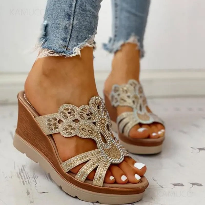 Ddbos Women Platform Sandals Woman Rhinestone Cut-out Wedge Sandals Female Open Toe Non-slip Slides Shoes Lightweight Outdoor Slippers