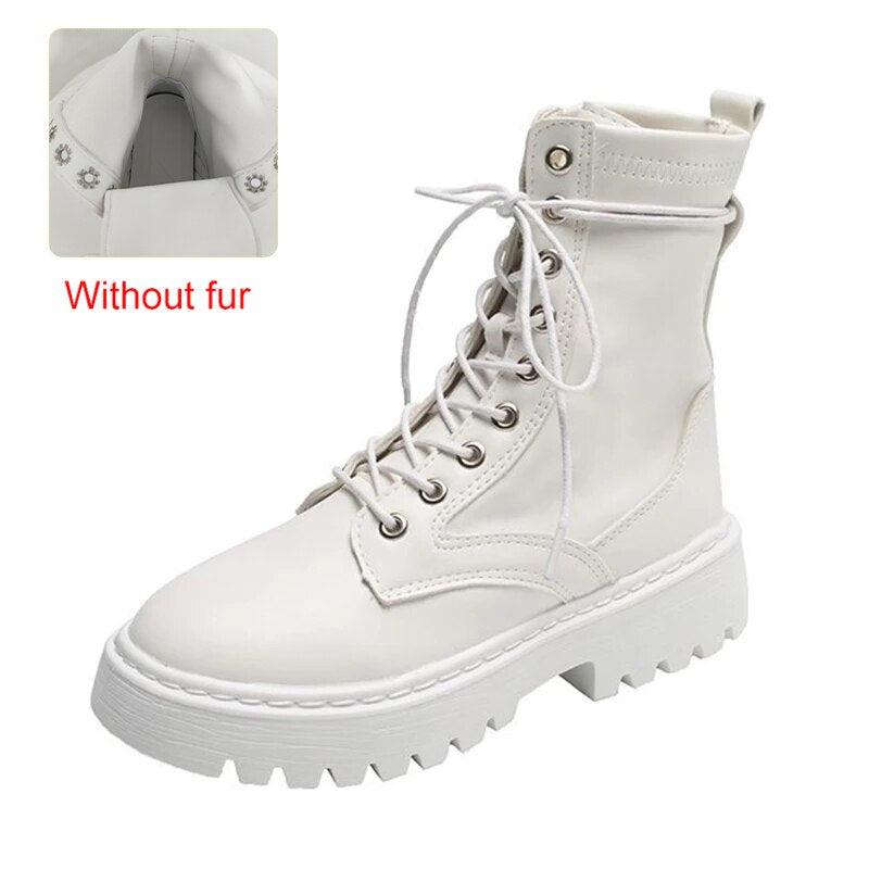 Ddbos White Black PU Leather Ankle Boots Women Autumn Winter Round Toe Lace Up Shoes Woman Fashion Motorcycle Platform Botas