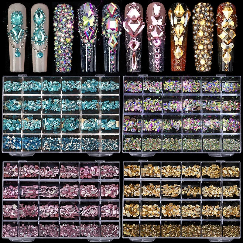 24grids Mixed Shapes Jewelry Luxury Shiny Diamond For Nail Art Decorations DIY Glass Crystal Set with Dot Drill Pen