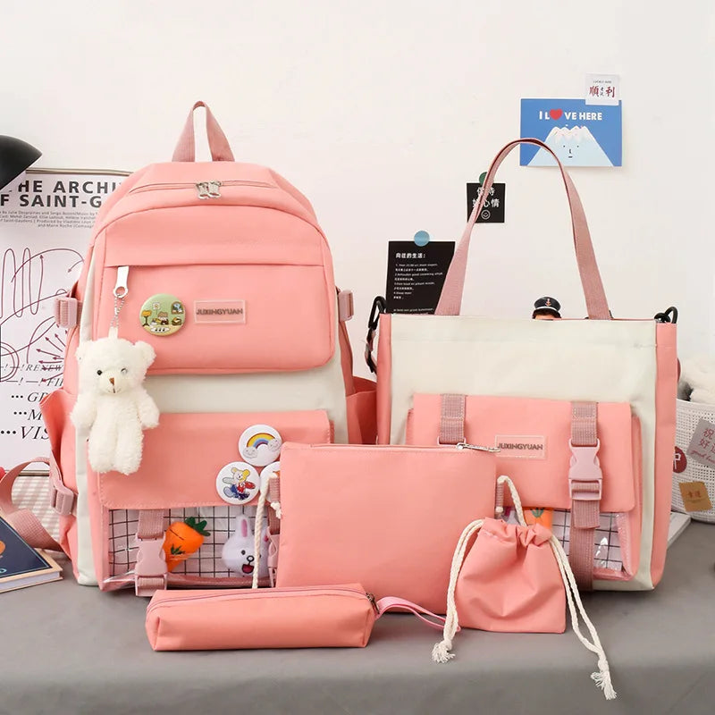 Girls Large-capacity Shoulder Bag Cute Carrot Rabbit Doll Pendant Simple Versatile Schoolbag Boys Fashion Schoolbag Five Sets Se