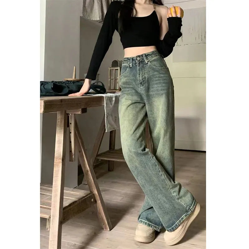 Ddbos Vintage 90S Baggy Straight Denim Trousers Female Y2K High Waist Loose Wide Leg Jeans Women Streetwear All-Match Casual Pants New