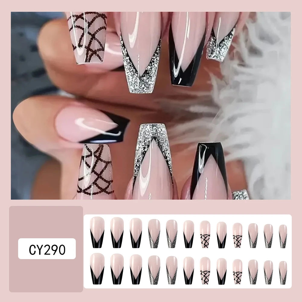 24 Pcs Long Coffin Press On Nails Pink Frech Style Glitter Fake Nails Glossy Artificial Finger Manicure False Nails For Women