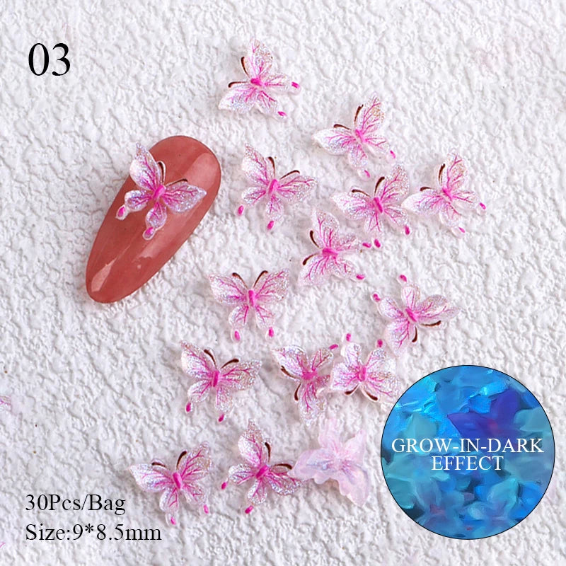 30/20Pcs Auroras White Butterfly 3D Nail Art Decoration DIY Colorful Nail Charms Manicure Glow in dark Nail Decoration Jewelry