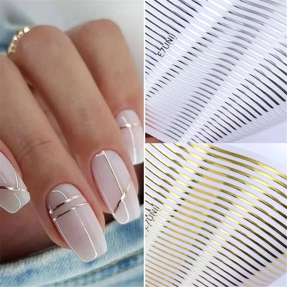 Ddbos 2PCS Gold Silver Lines Stripe DIY Nail Sticker Geometric Waved Self Adhesive Slider Papers Nail Art Transfer Stickers