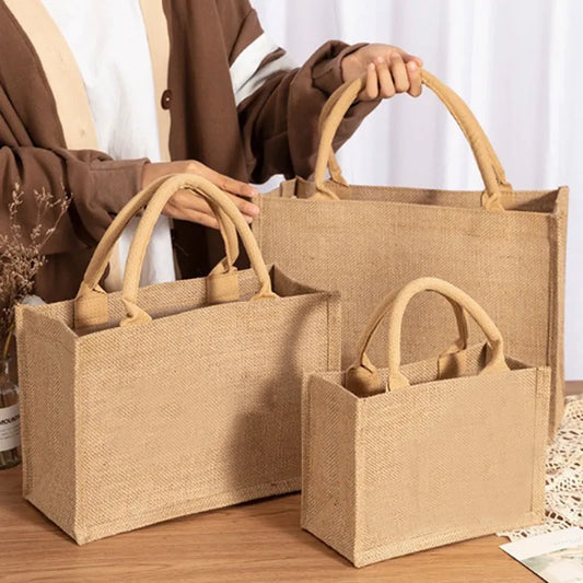 Vintage Women Linen Tote Shopper Purses Summer Beach Handbags Retro DIY Bag Portable Eco Top Handles Multiple Sizes Shopping Bag