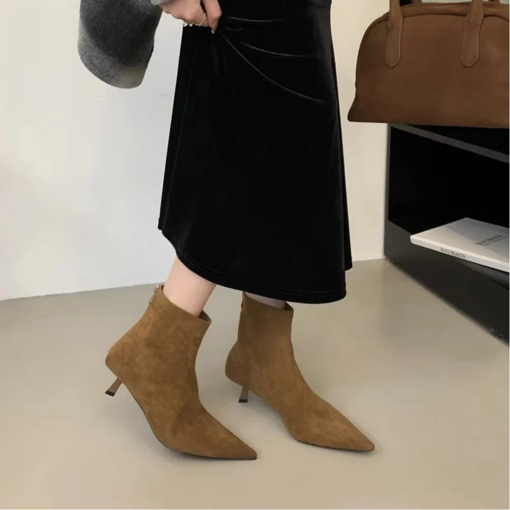 Ddbos Winter New Brand Women Short Boots Fashion Pointed Toe Ladies Elegant Ankle Boots Thin High Heel Dress Pumps Shoe