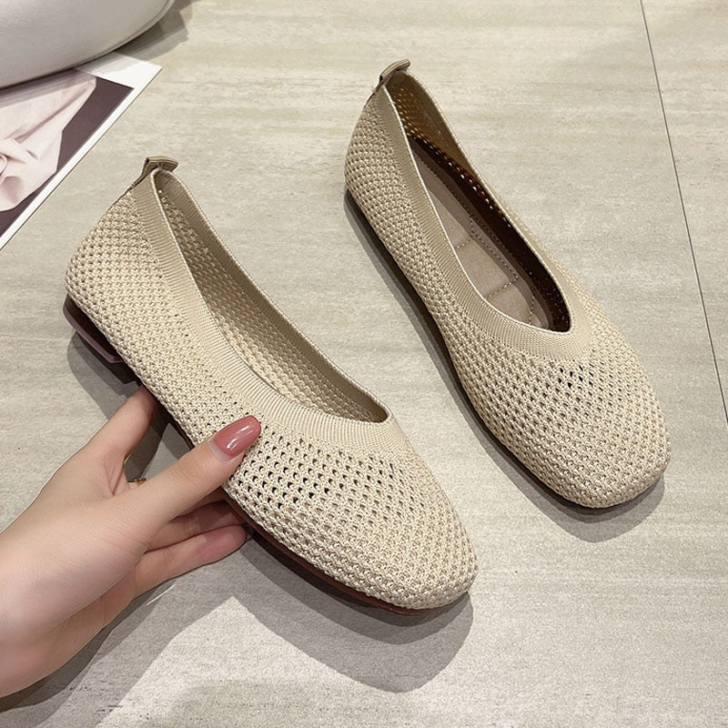 Ddbos Knit Mesh Flat Shoes Women Summer Breathable Stretch Ballet Flats Moccasins Square Toe Loafers Slip on Dress Shoes Sneaker