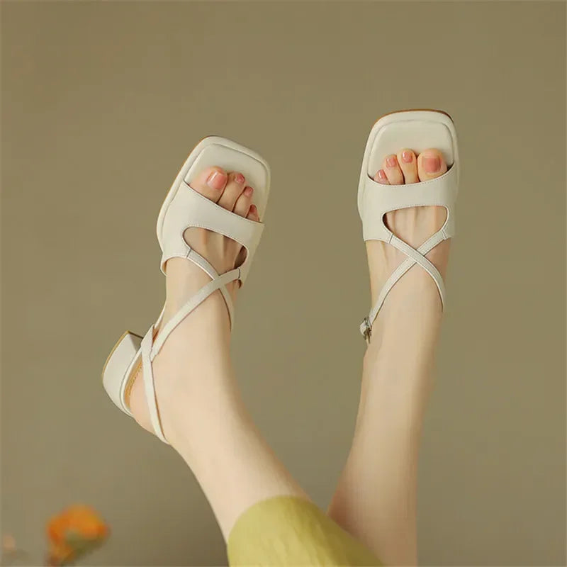 Ddbos New Summer Sandals Fashion Versatile Light Luxury Sandals Square Toe Chunky Heels Sandals for Women Handmade Women Sandals