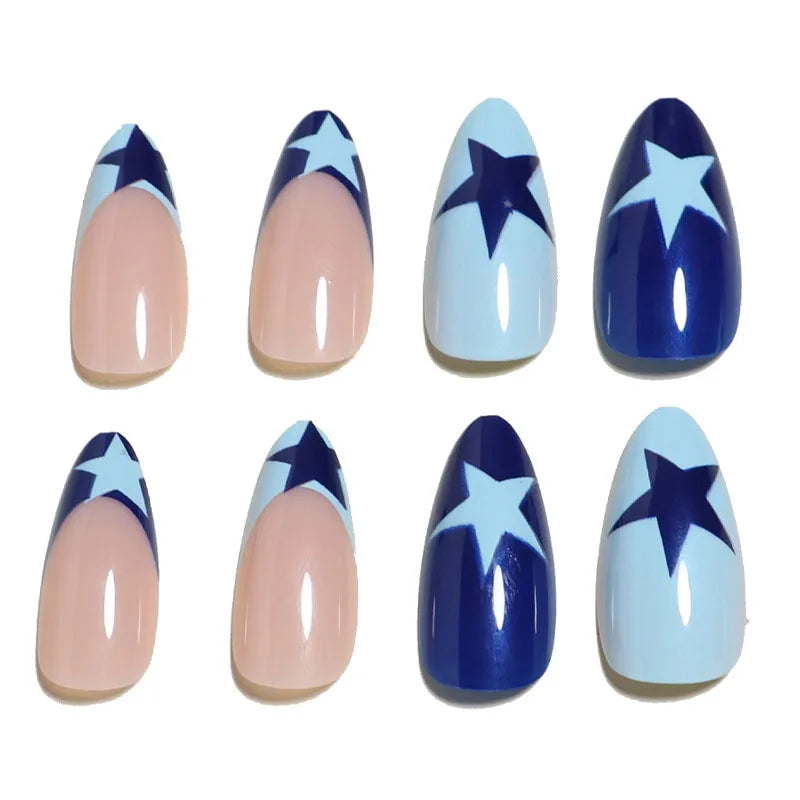 Ddbos 24PCS Stars Y2k Nail Stickers Blue French Fake Nails Press On Long Almond Shape Designs False Nails Finished Manicure Nail Tips