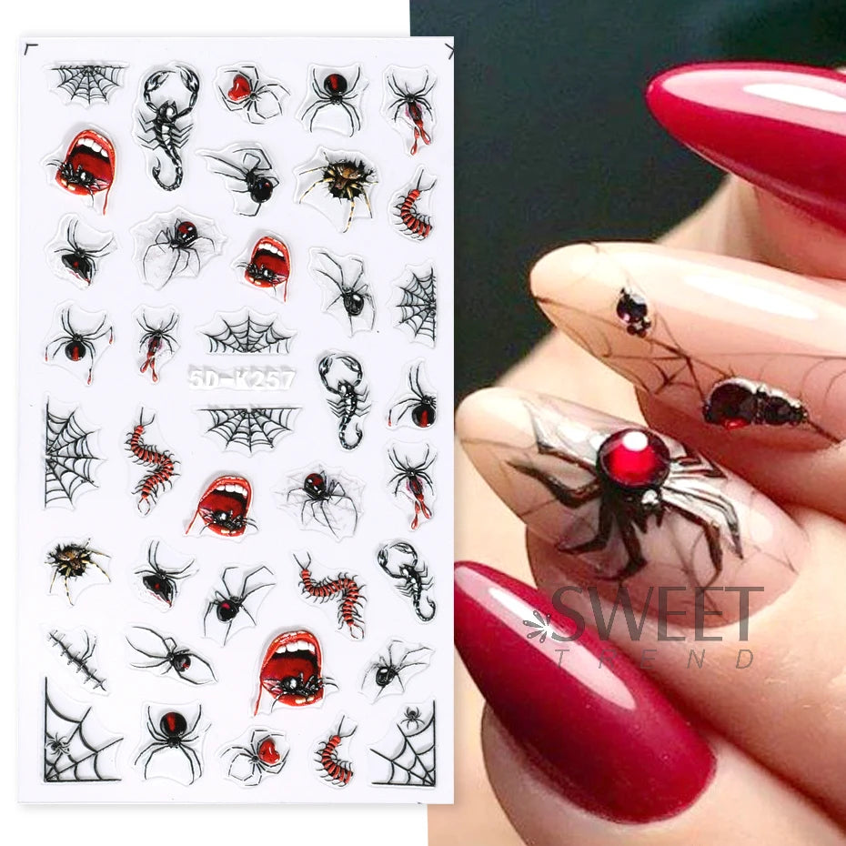 5D Gems Spider Embossed Nail Stickers Design Centipede Red Eyeball Adhesive Sliders Holiday Party New Year Decals Manicure Foils