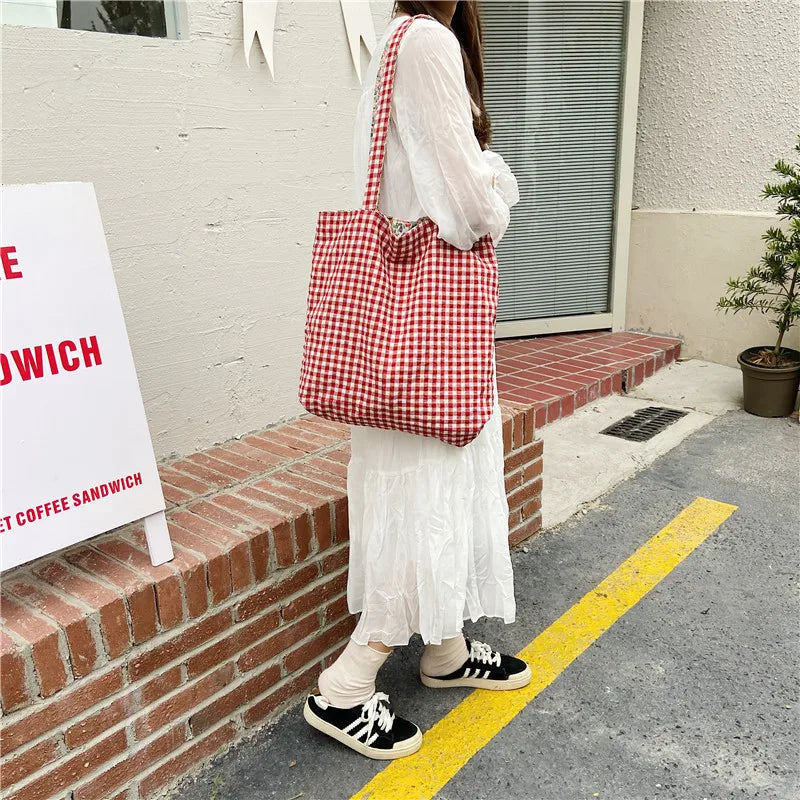 Ddbos Casual Plaid Flower Women Shopping Bag Large Capacity Ladies Daily Tote Handbags Cotton Cloth Double-sided Girls Shoulder Bags