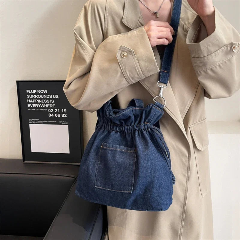 Ddbos Washed Denim Large Capacity Single Shoulder Bucket Bag 2024 New Trendy Versatile One Bag Smooth Shoulder Strap Versatile Bag