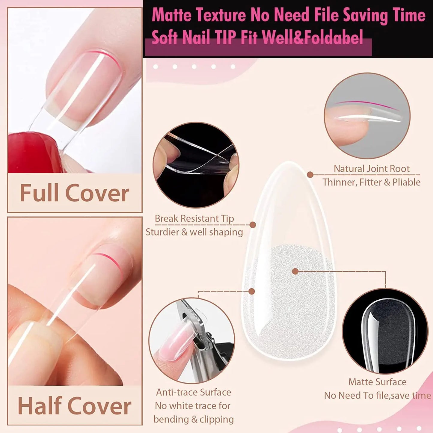 120Pcs Full Cover Press On Nail Tips Stiletto Almond Square Coffin French False Fake Soak Off Gel Nail Extension Tips Capsule
