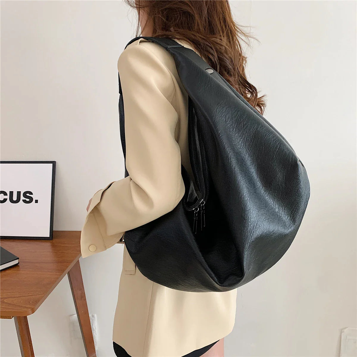 Ddbos Big Black Shoulder Bags for Women Large Hobo Shopper Bag Solid Color Quality Soft Leather Crossbody Handbag Lady Travel Tote Bag