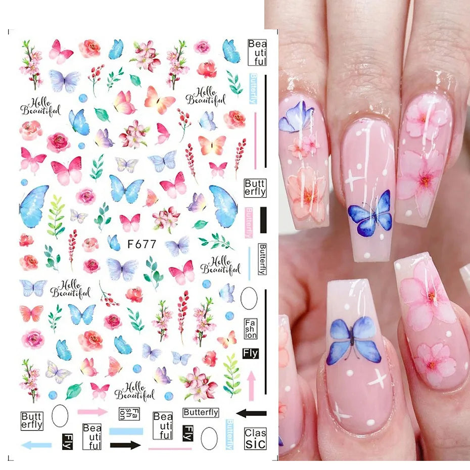 Ddbos 1PCS Black White Butterfly Laser Nail Stickers Y2K Nail Art Decoration Abstract Lines Bronzing Flowers Stickers For Nails