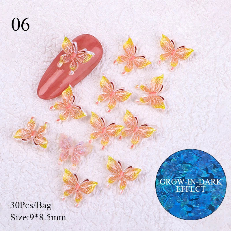 30/20Pcs Auroras White Butterfly 3D Nail Art Decoration DIY Colorful Nail Charms Manicure Glow in dark Nail Decoration Jewelry