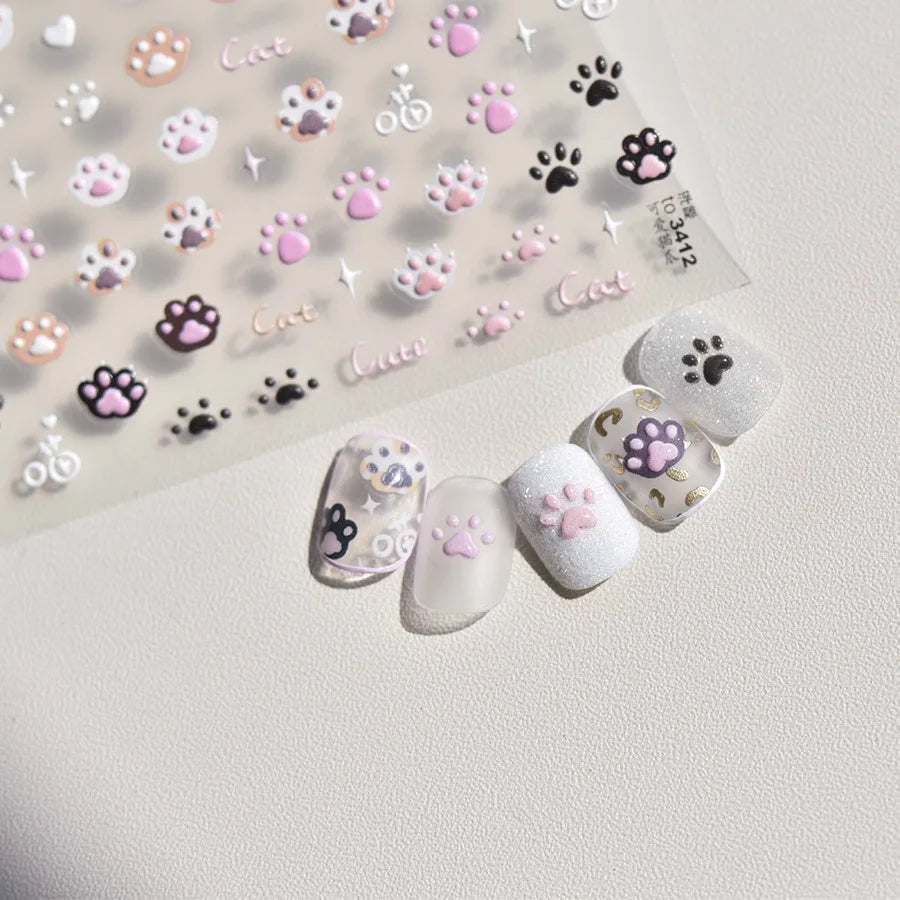 Ddbos 1pcs Cute Cat Claw 3D Jelly Relief Nail Stickers 3D Adhesive Stickers For Nails DIY Japanese Kawaii Slider Nail Art Decorations