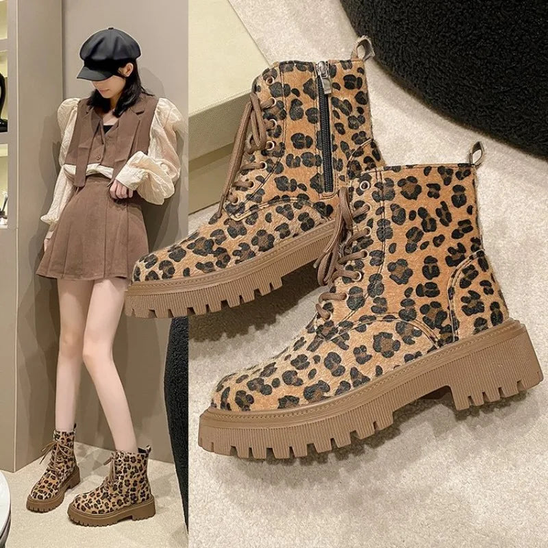 Ddbos Women Leopard Print Autumn/winter Thick Soled Lace up Fashion Boot Platform Comfort Waterproof Non Slip 42 Size Ankle Boots