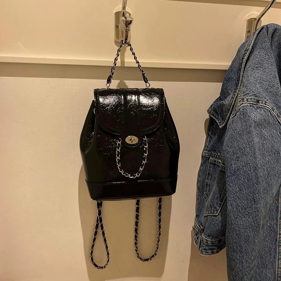 Ddbos BACK TO SCHOOL Women Korea Autumn Winter Mini Chains Backpack Female Ins Student Oil Wax Leather Shoulder Bag Travel Bagpack Black Rucksack Sac